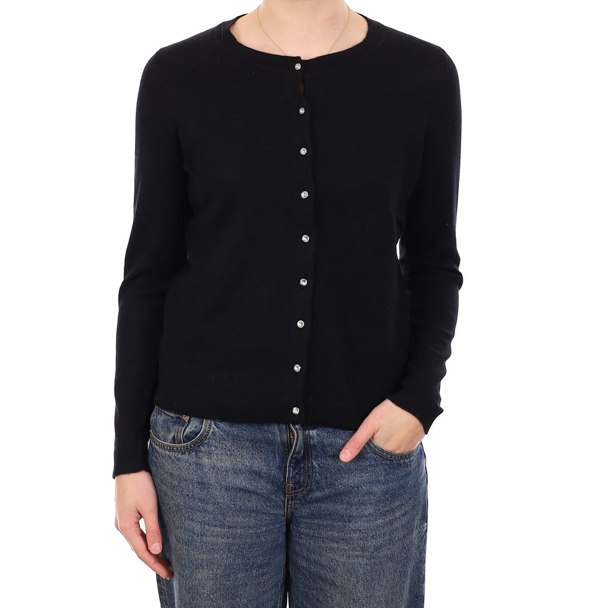 Black Cashmere Crew Neck Cardigan Medium
