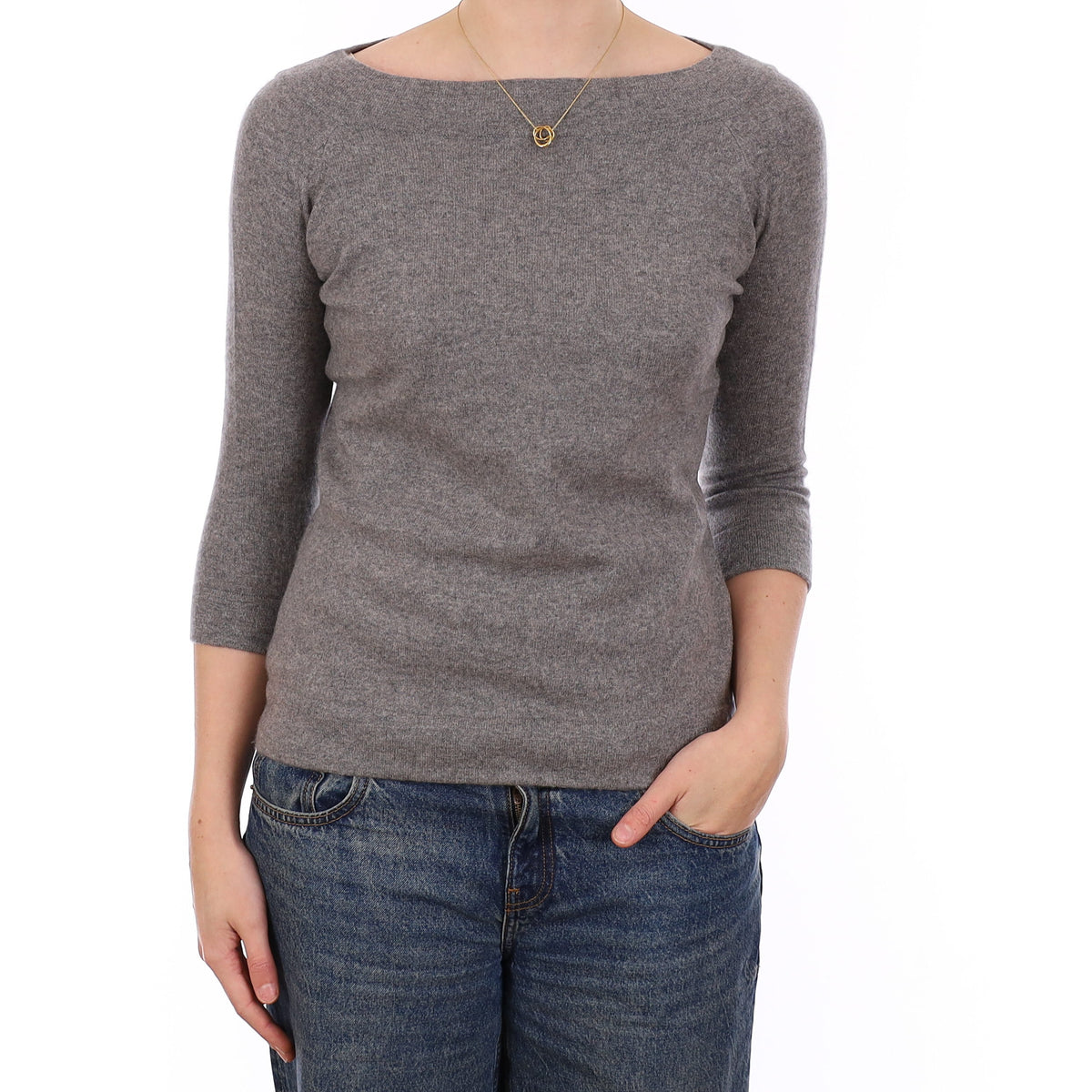 Ash Grey Cashmere 3/4 Sleeve Boat Neck Jumper Medium