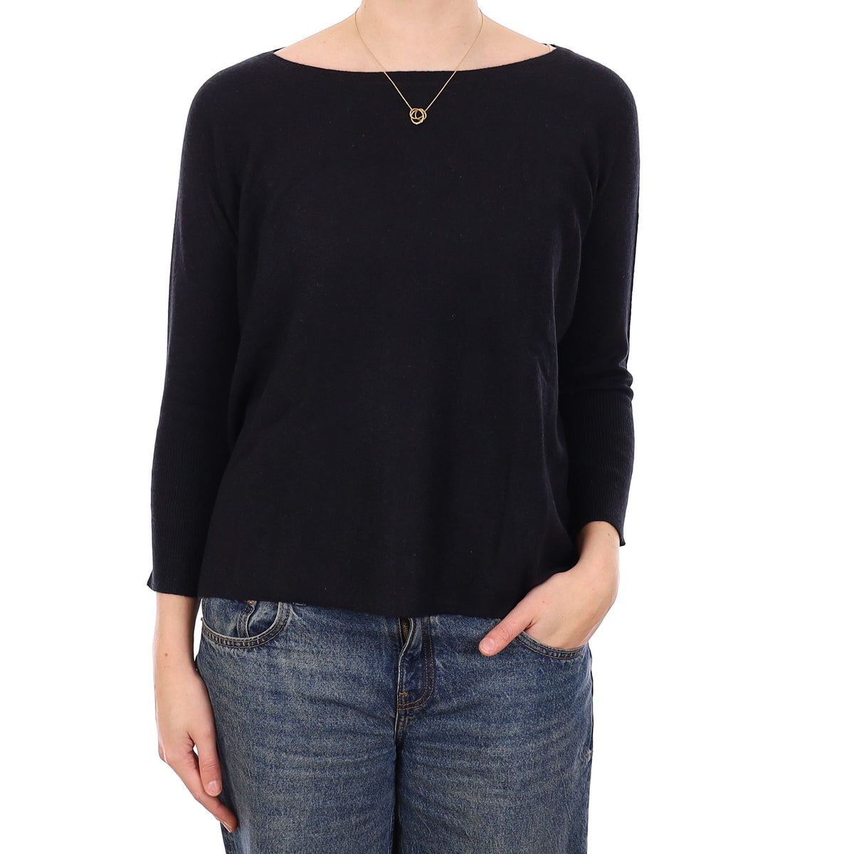 Black Cashmere Slouchy Boat Neck Jumper Medium