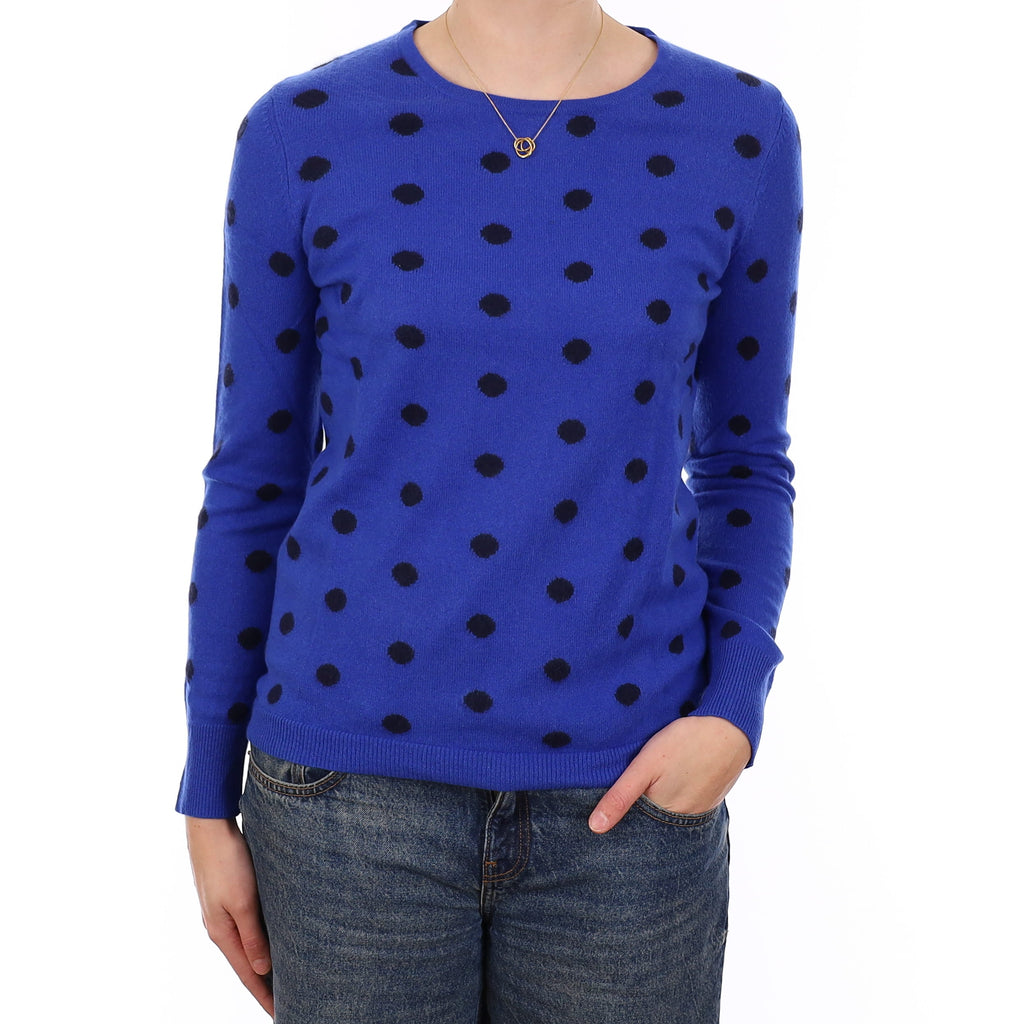 Cobalt and Navy Spotted Cashmere Crew Neck Jumper Medium