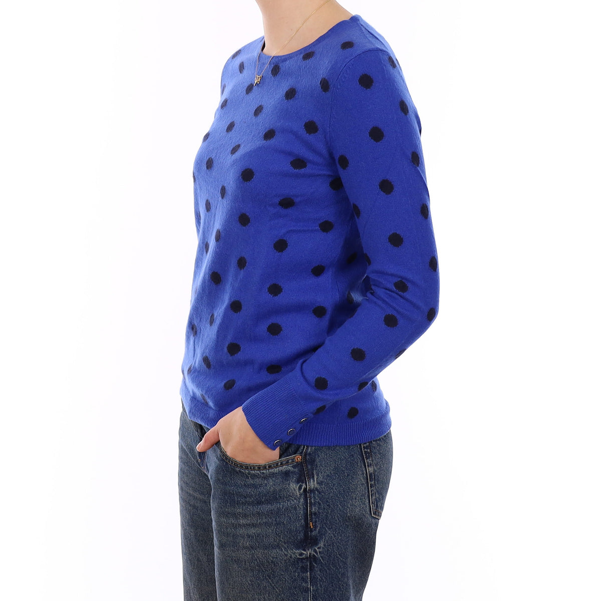 Cobalt and Navy Spotted Cashmere Crew Neck Jumper Medium