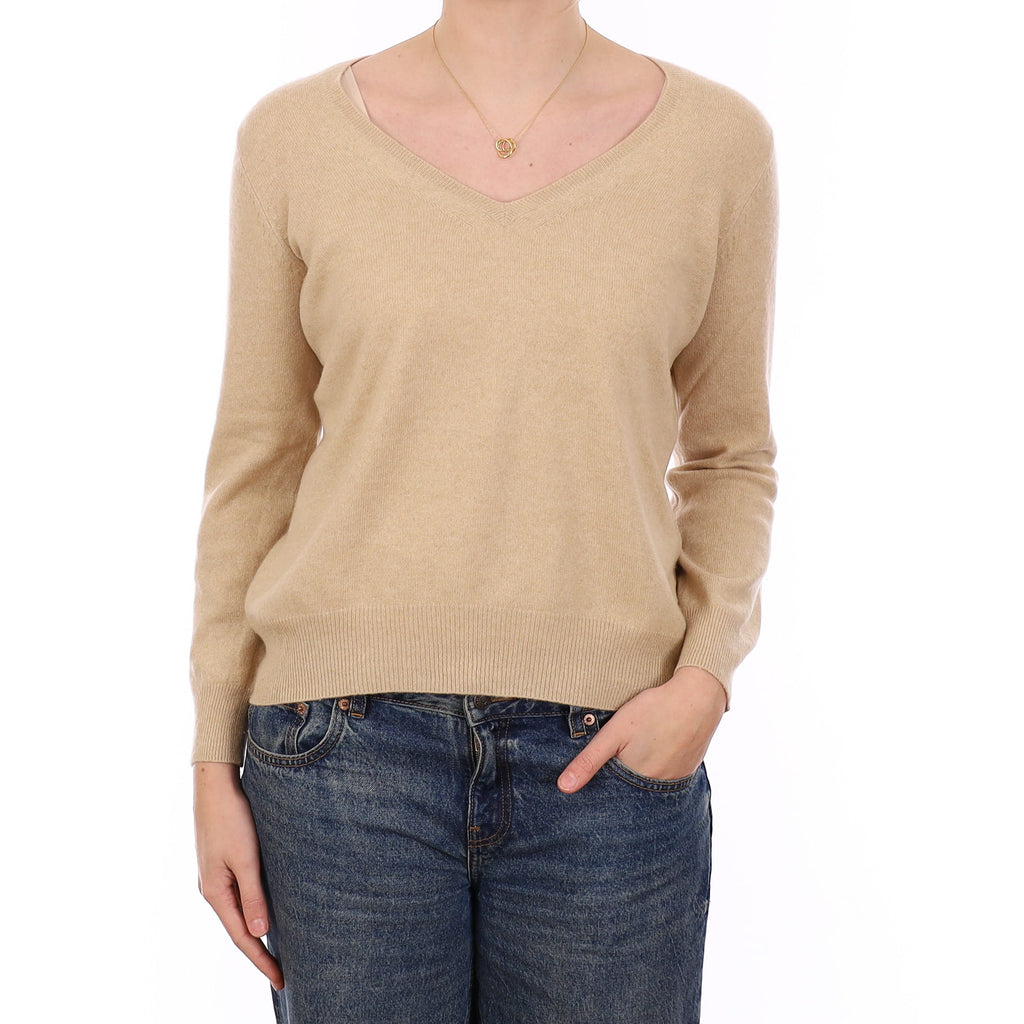 Beige Cashmere V Neck Jumper Medium