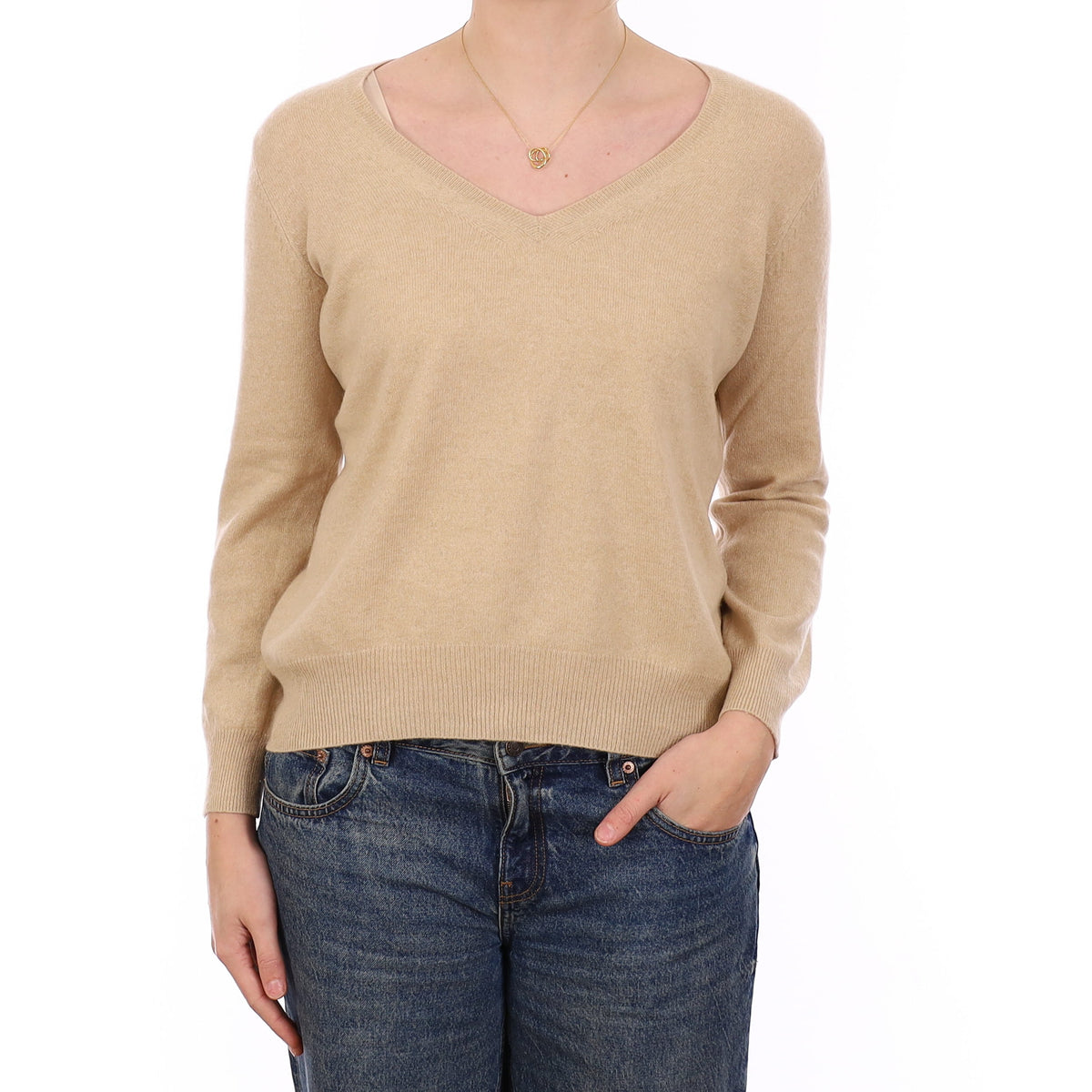 Beige Cashmere V Neck Jumper Medium