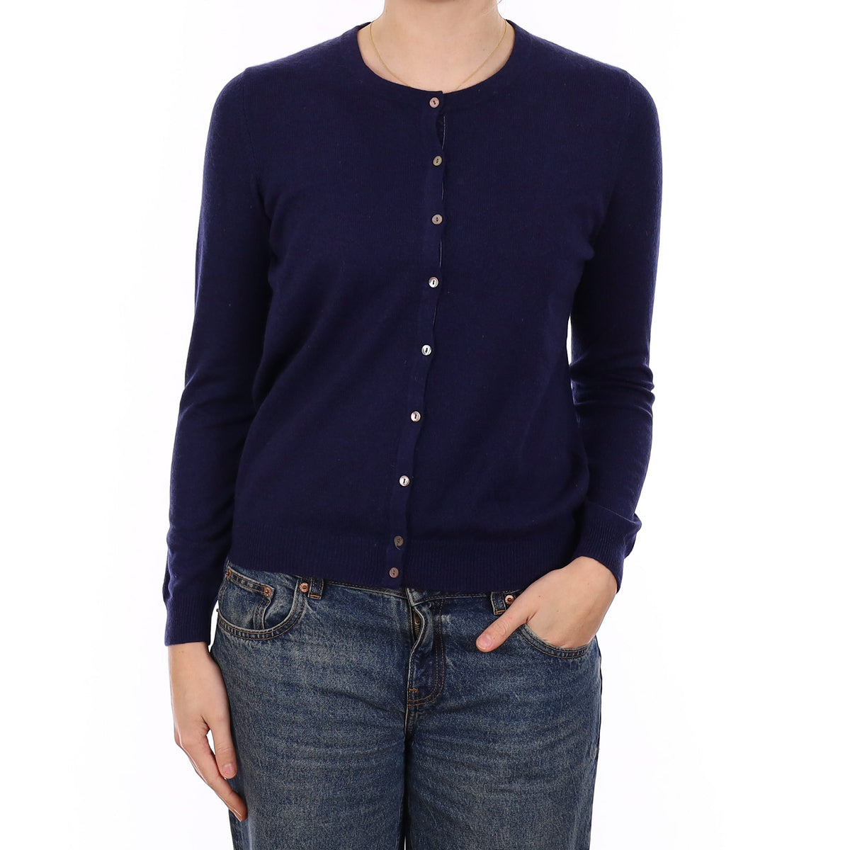 Navy Blue Cashmere Crew Neck Cardigan Medium