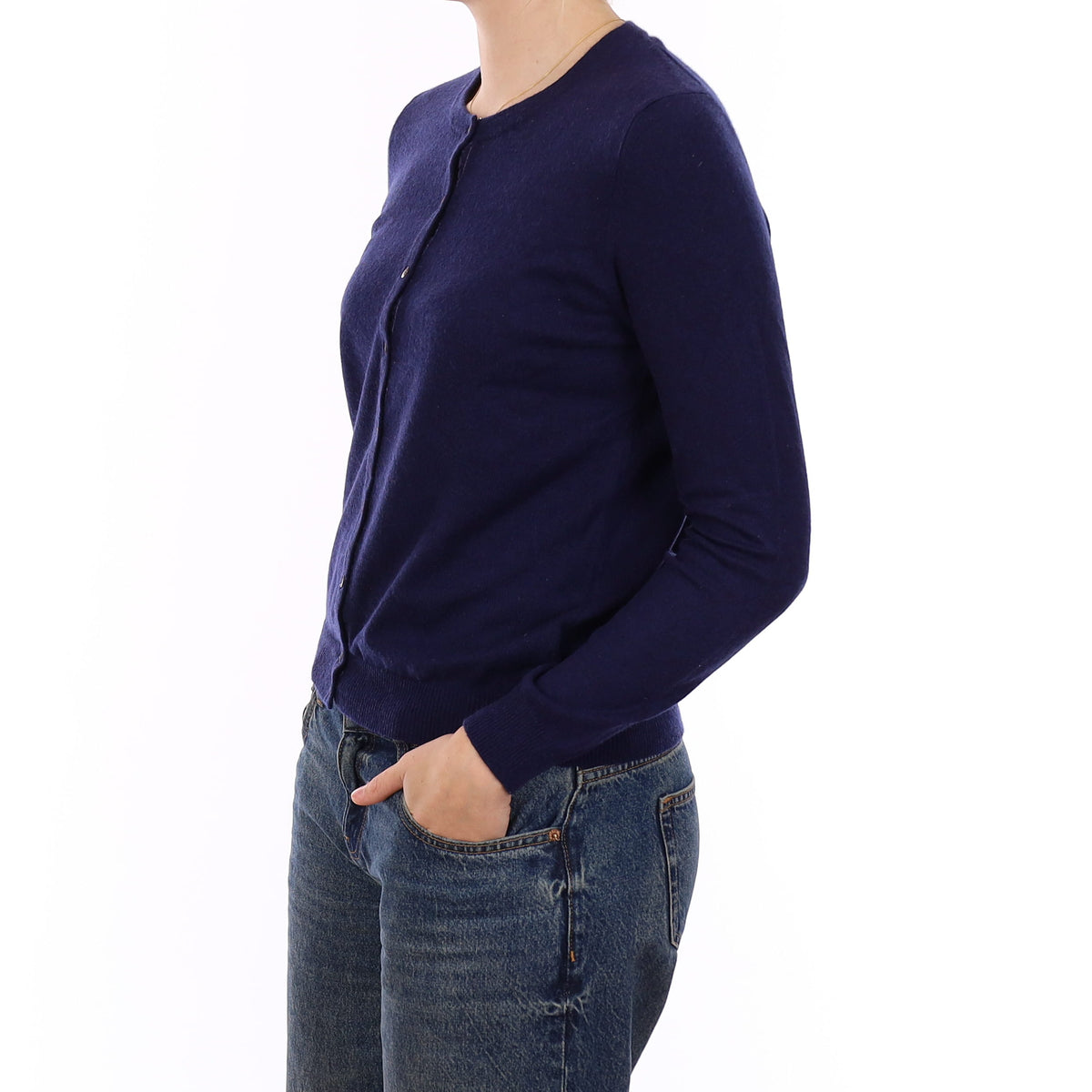 Navy Blue Cashmere Crew Neck Cardigan Medium