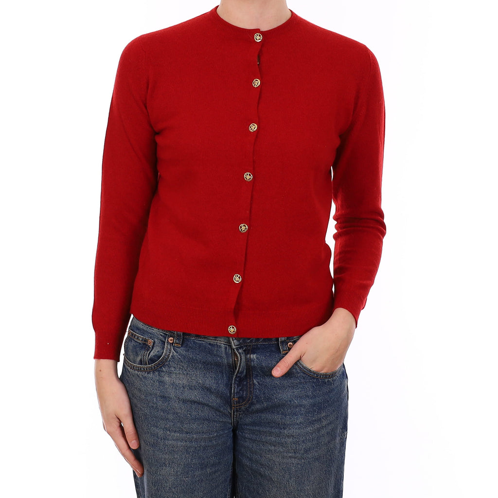 Post Box Red Cashmere Crew Neck Cardigan Medium