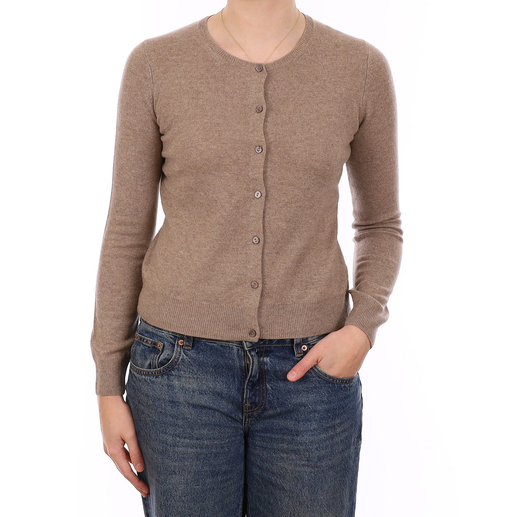 Taupe Brown Cashmere Crew Neck Cardigan Medium