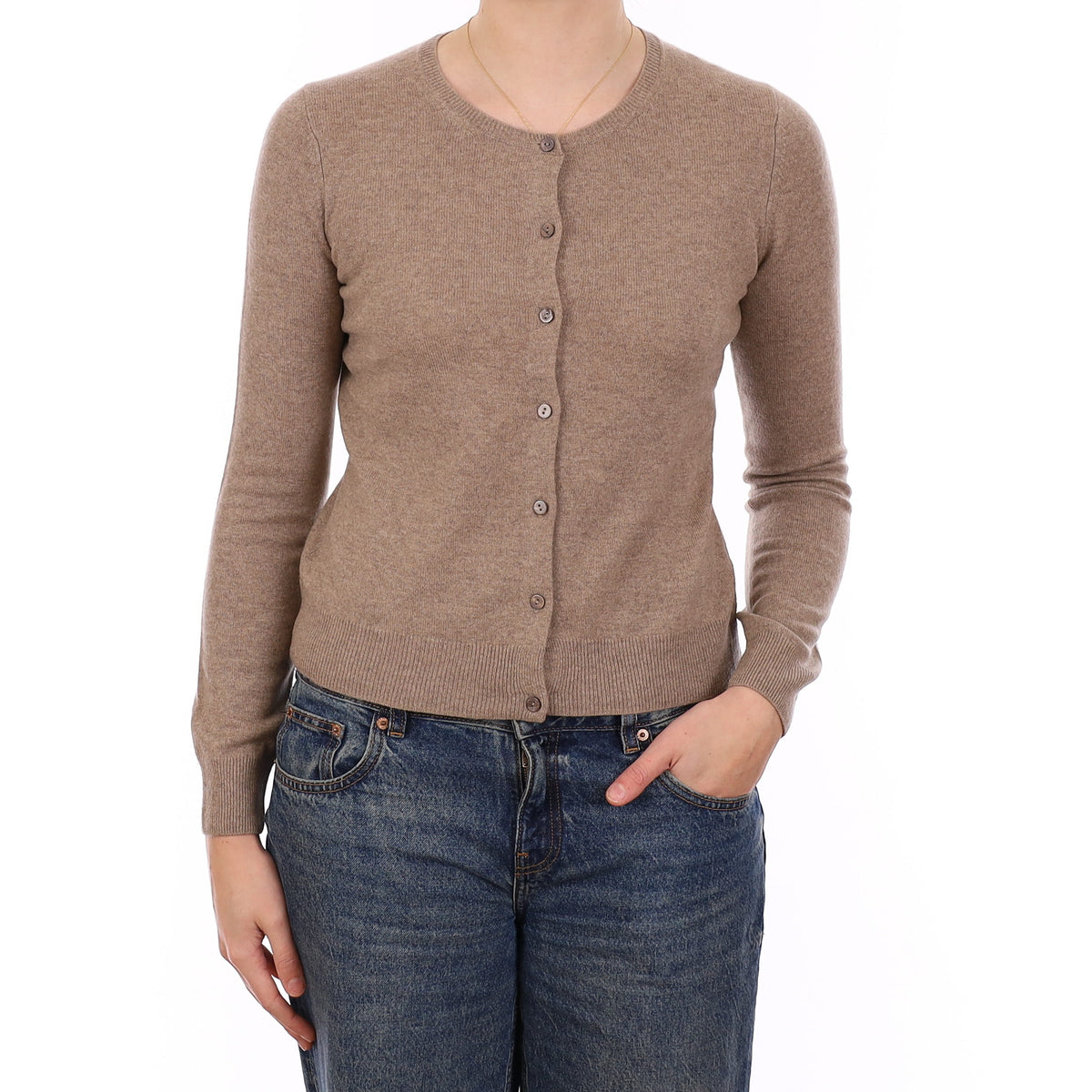 Taupe Brown Cashmere Crew Neck Cardigan Medium