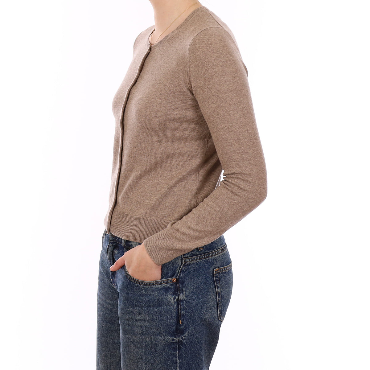 Taupe Brown Cashmere Crew Neck Cardigan Medium