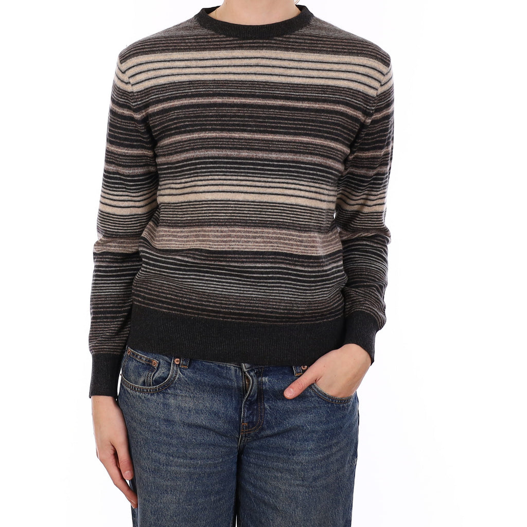 Grey and Beige Stripe Cashmere Crew Neck Jumper Medium