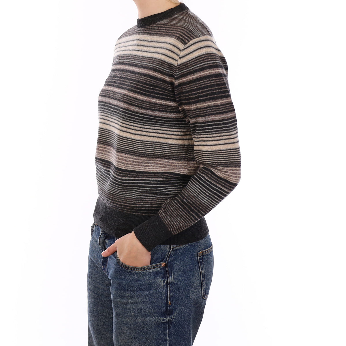 Grey and Beige Stripe Cashmere Crew Neck Jumper Medium
