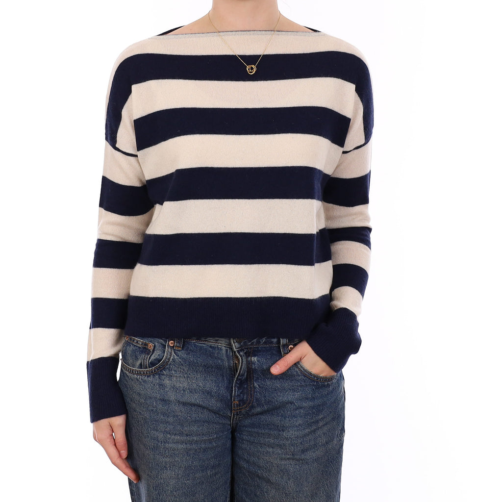 Navy and Ivory Stripe Cashmere Boxy Slash Neck Jumper Medium