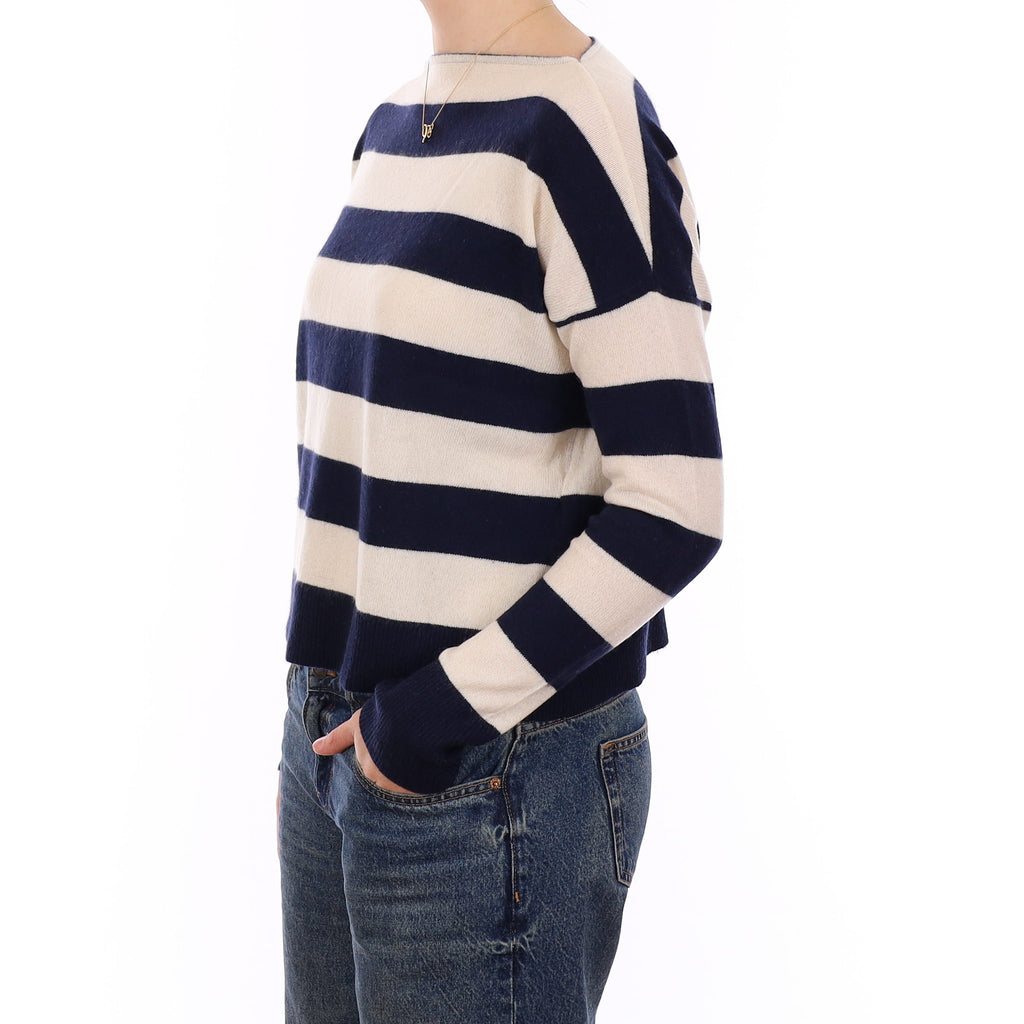 Navy and Ivory Stripe Cashmere Boxy Slash Neck Jumper Medium