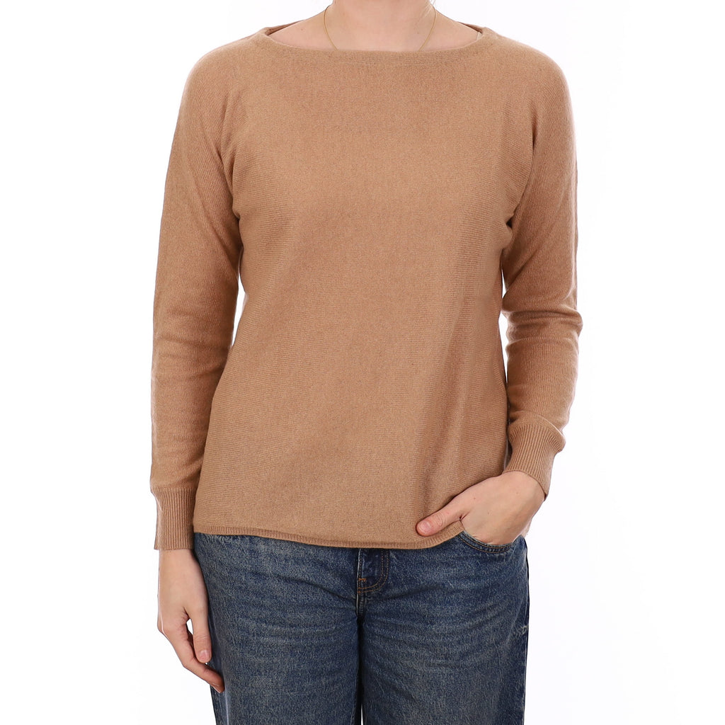 Caramel Brown Cashmere Batwing Slash Neck Jumper Medium