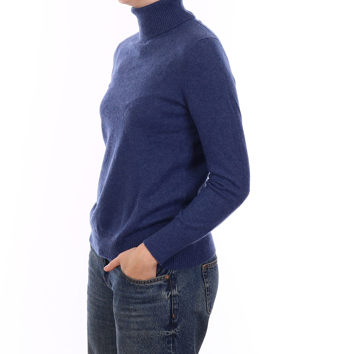 Denim Blue Cashmere Polo Neck Jumper Medium