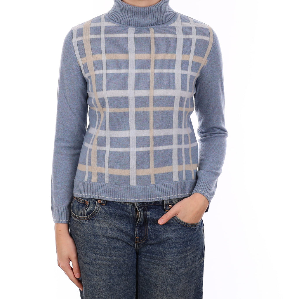 Duck Egg Blue Plaid Cashmere Polo Neck Jumper Medium