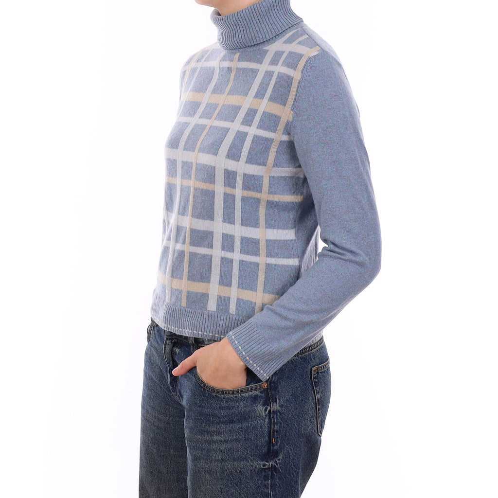 Duck Egg Blue Plaid Cashmere Polo Neck Jumper Medium