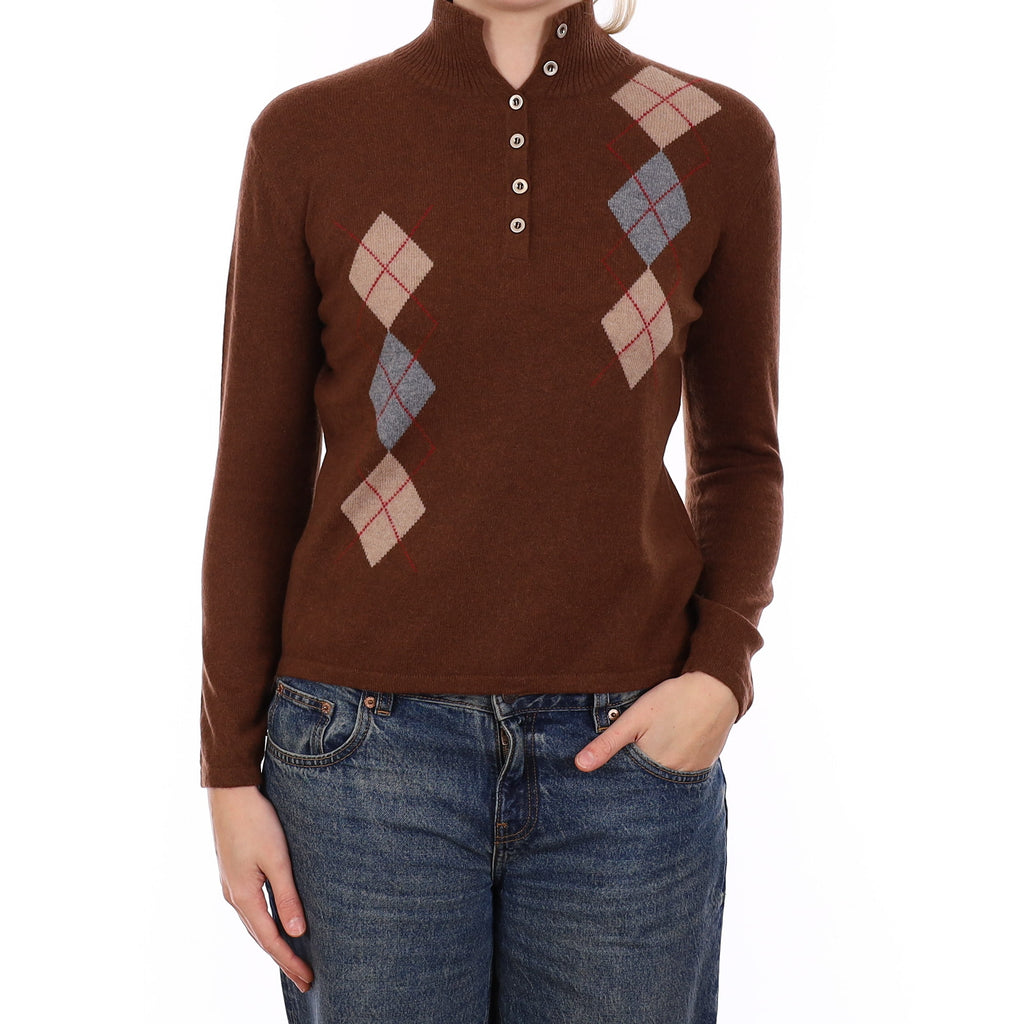 Chestnut Brown Diamond Cashmere Buttoned Turtleneck Jumper Medium