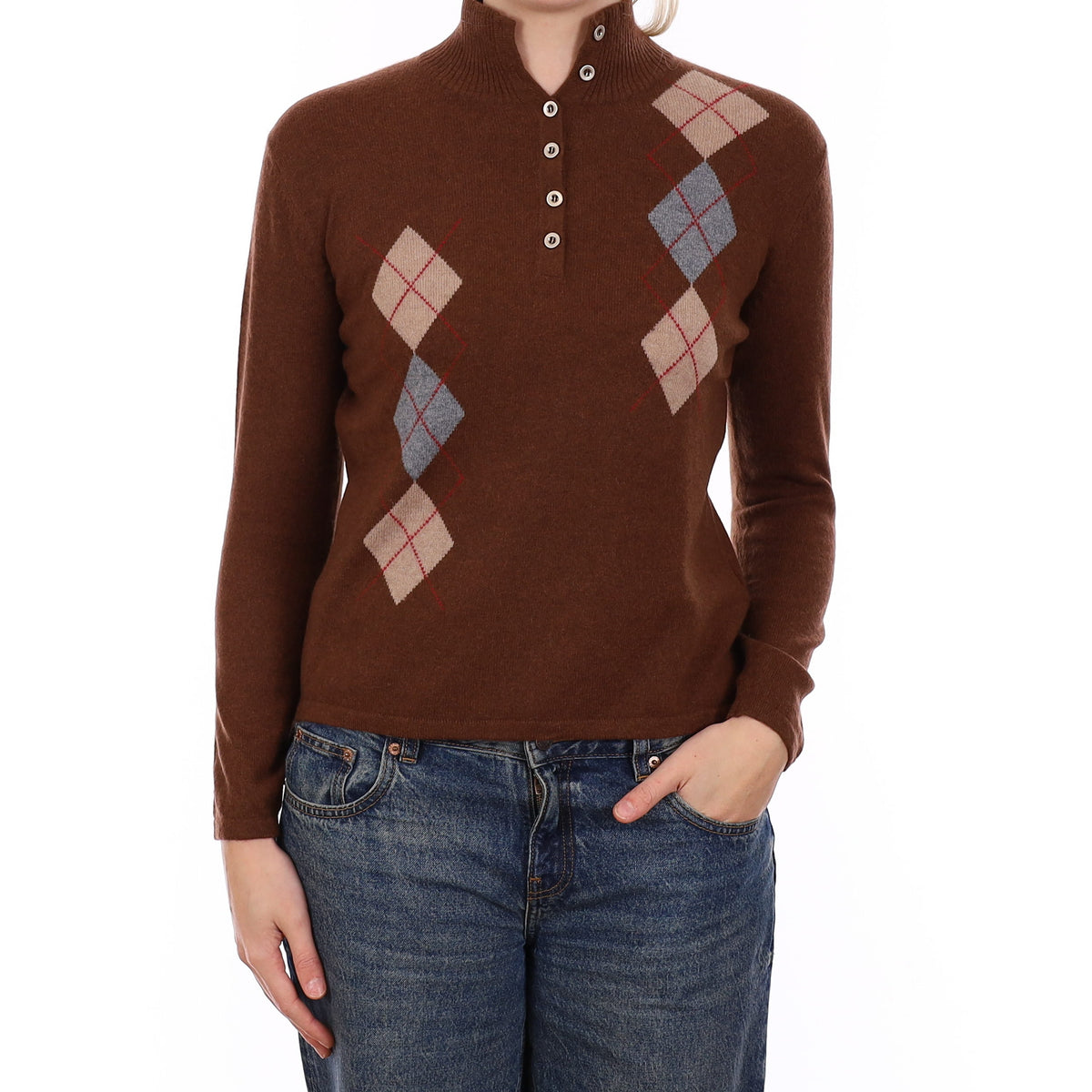Chestnut Brown Diamond Cashmere Buttoned Turtleneck Jumper Medium