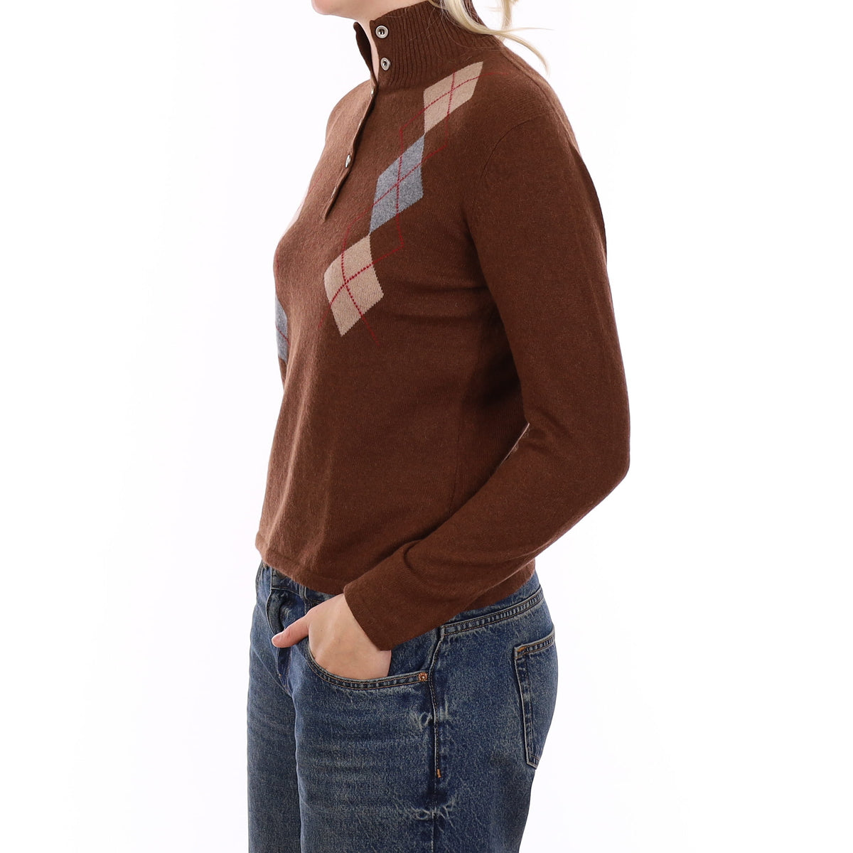 Chestnut Brown Diamond Cashmere Buttoned Turtleneck Jumper Medium