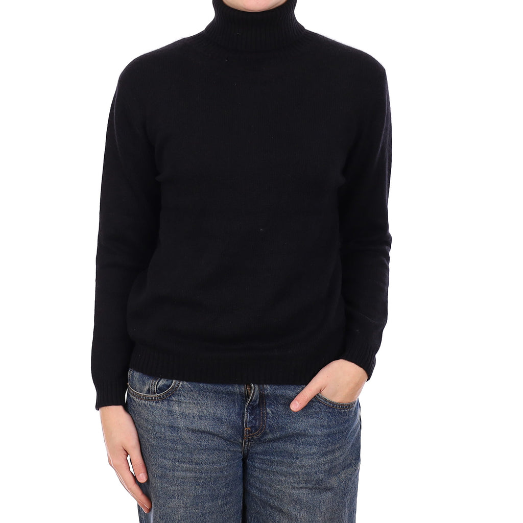 Black Heavy Knit Cashmere Polo Neck Jumper Medium