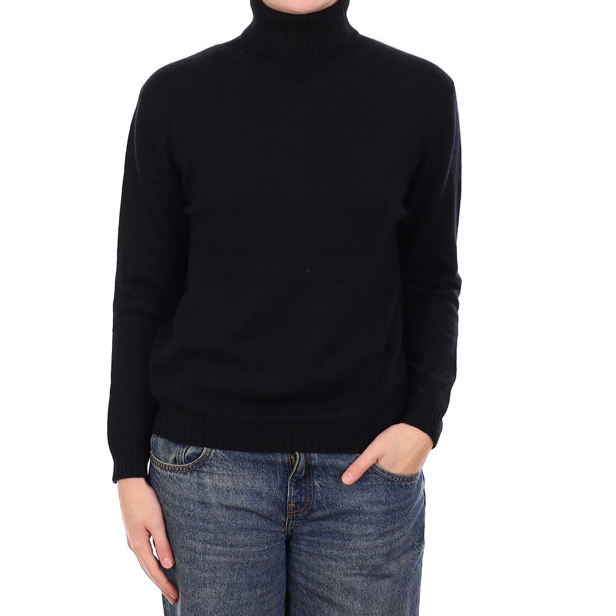 Black Heavy Knit Cashmere Polo Neck Jumper Medium