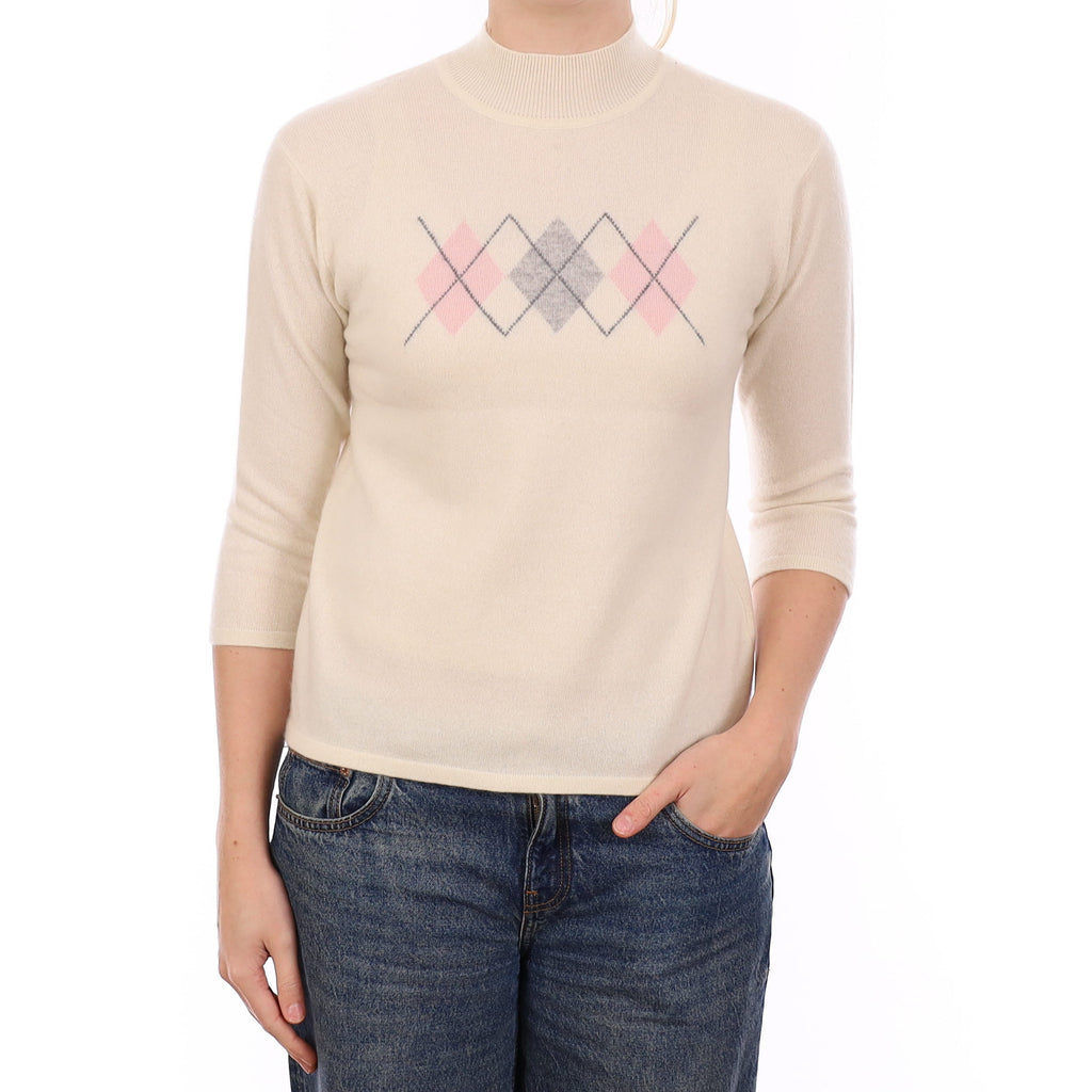 Cream and Pink Diamond Cashmere Turtleneck Jumper Medium