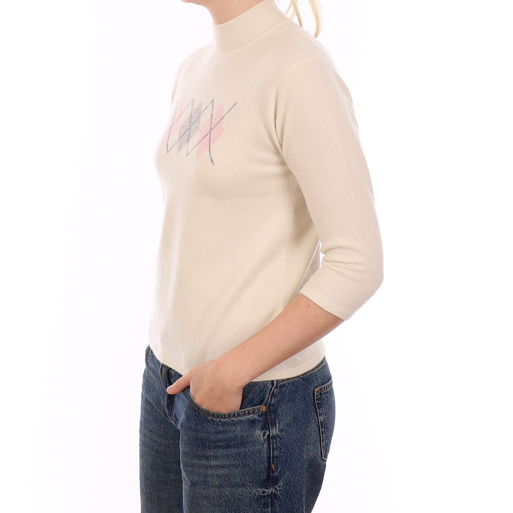 Cream and Pink Diamond Cashmere Turtleneck Jumper Medium