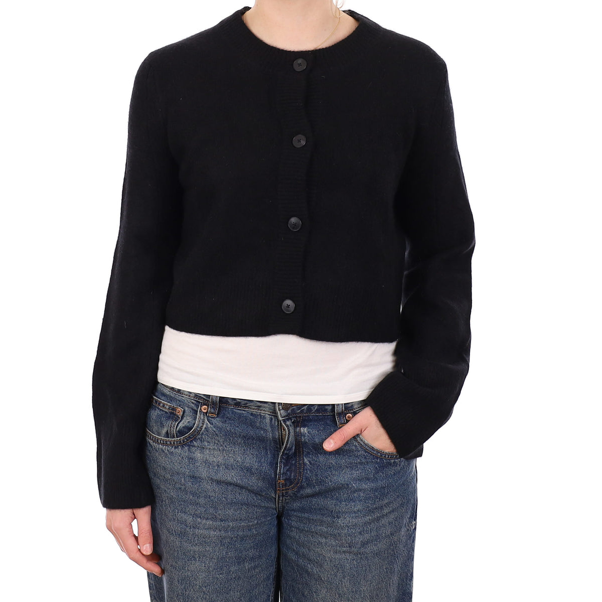 Black Chunky Cashmere Flared Sleeve Crew Neck Cardigan Medium