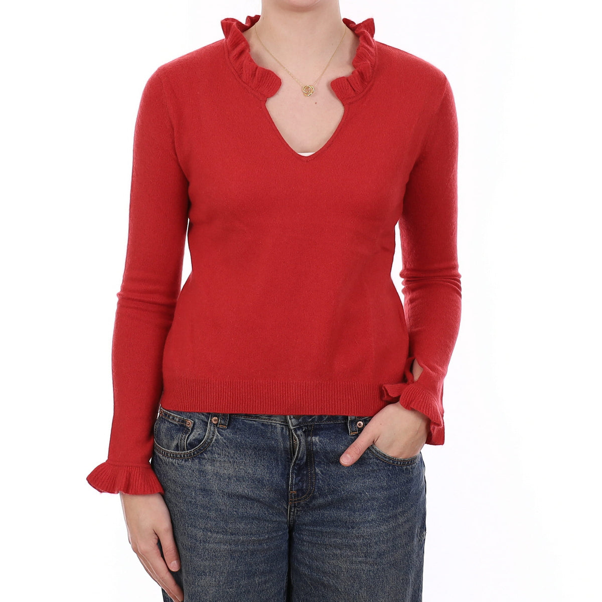Berry Red Cashmere Ruffle Edge Notch Neck Jumper Medium Petite