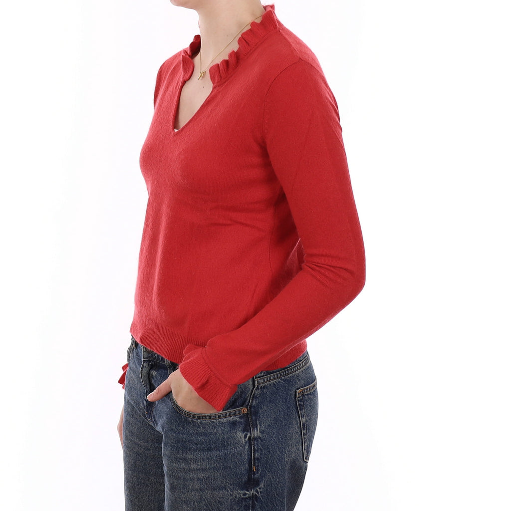 Berry Red Cashmere Ruffle Edge Notch Neck Jumper Medium Petite