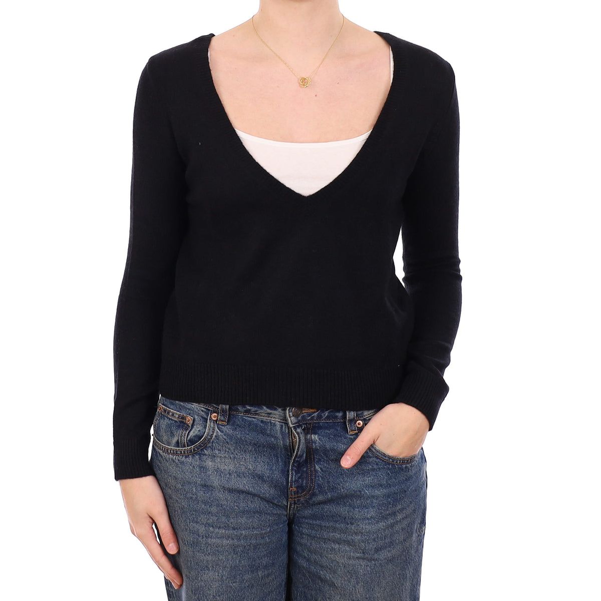 Black Cashmere Low V Neck Jumper Medium