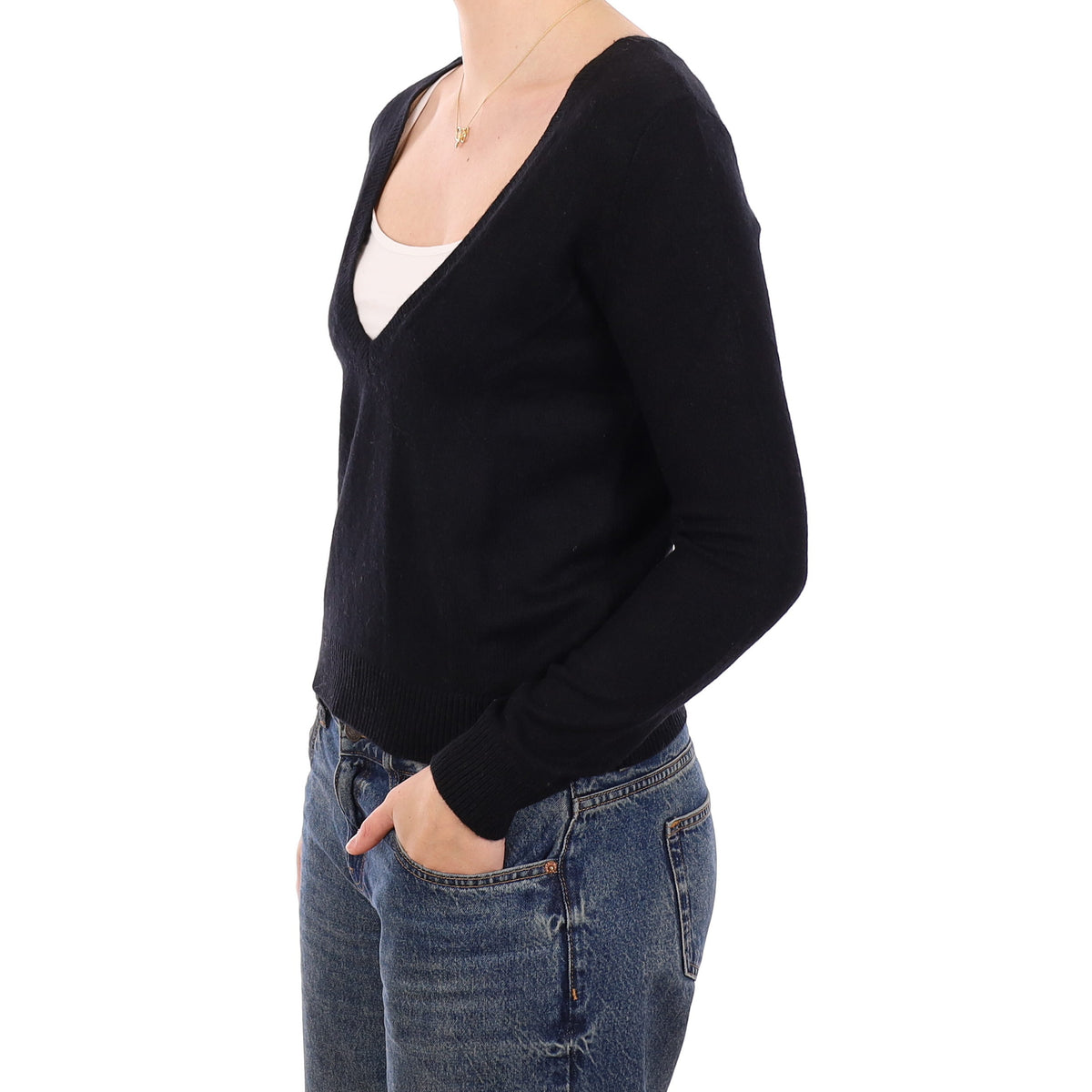 Black Cashmere Low V Neck Jumper Medium