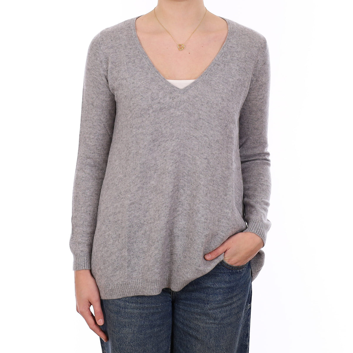 The White Company Mist Grey Cashmere A Line V Neck Jumper Medium