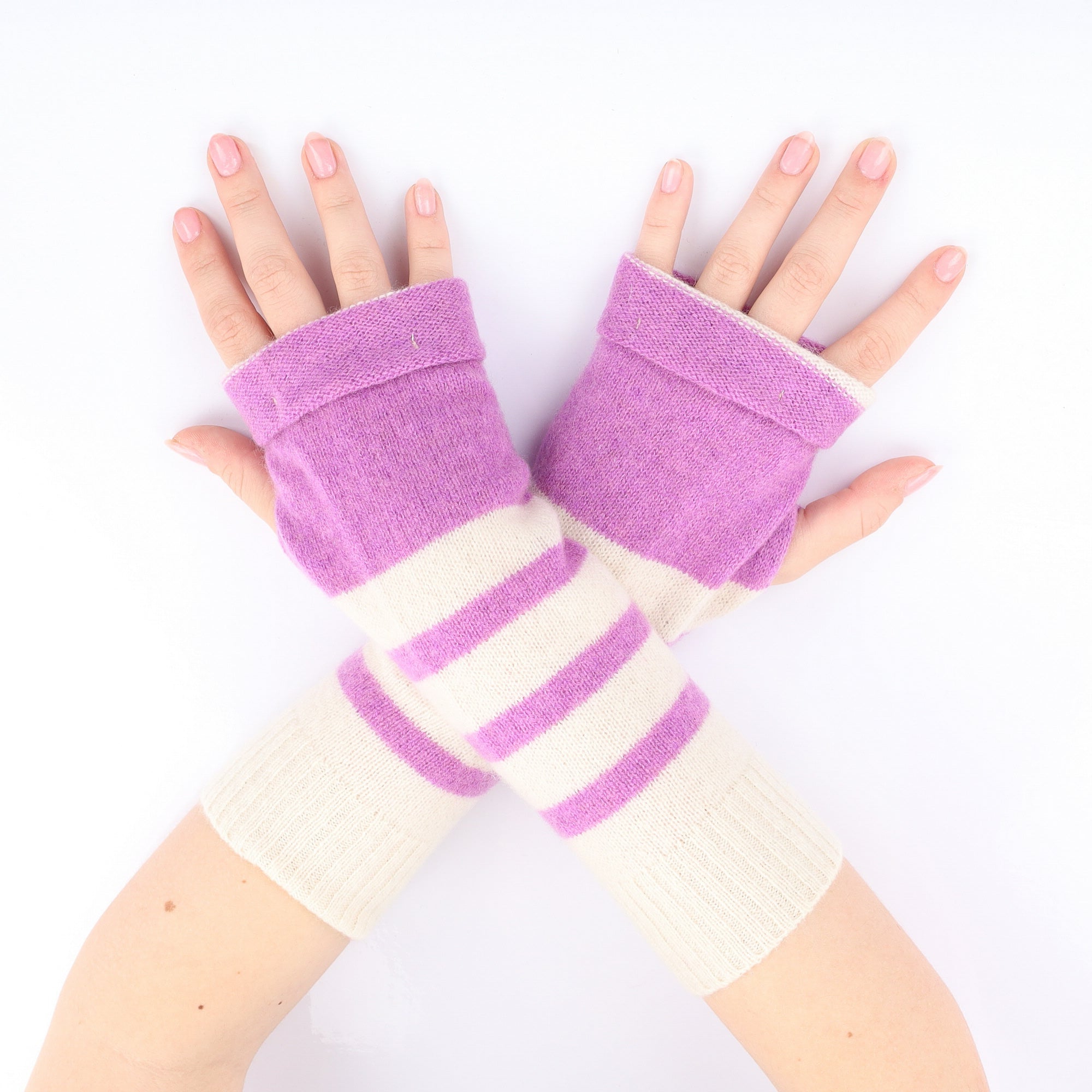 Lilac and Ivory Stripe Fingerless Gloves