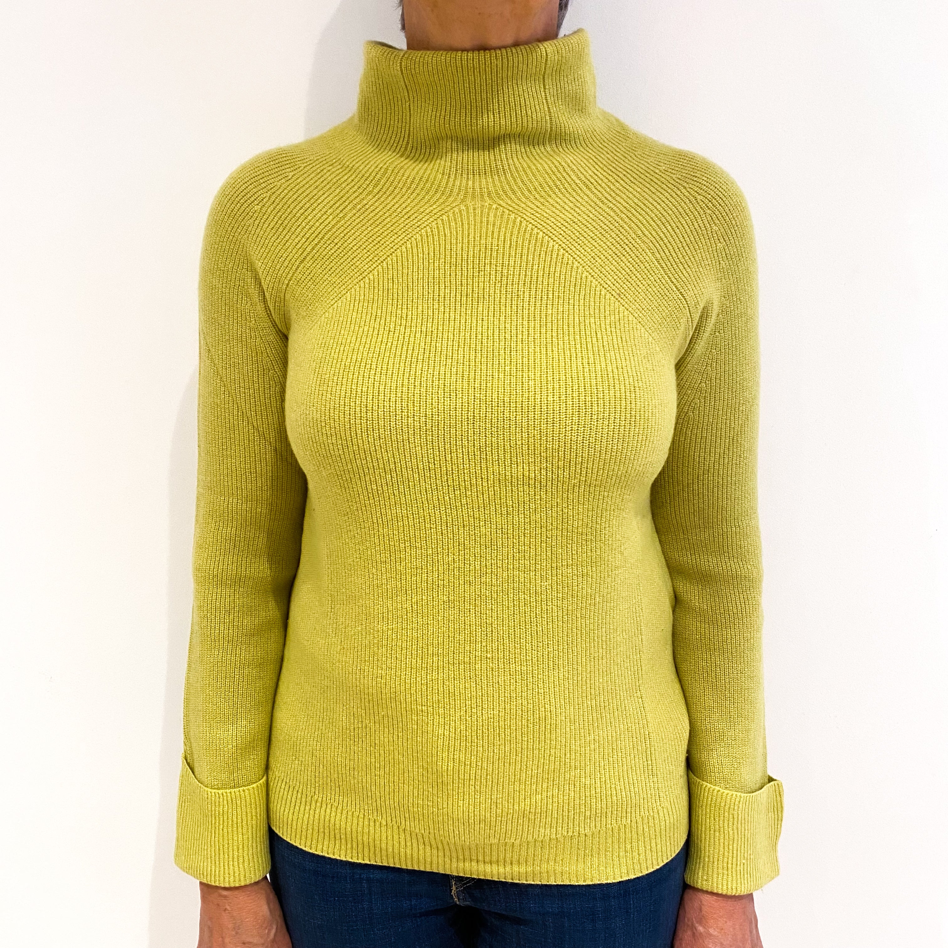 Dark Pistachio Green Cashmere Funnel Neck Jumper Medium