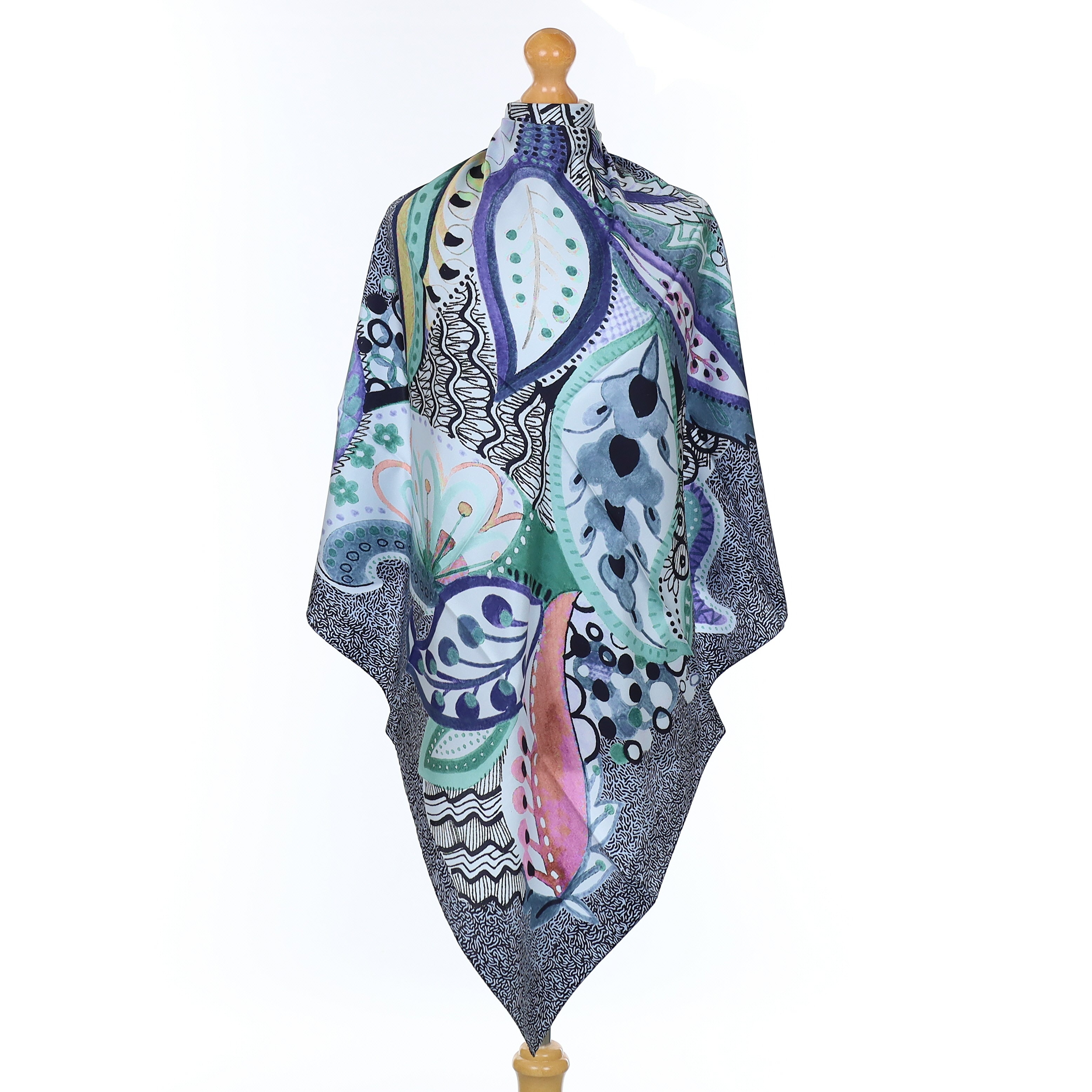 Brand New Italian Blue Abstract Botanical Silk Scarf