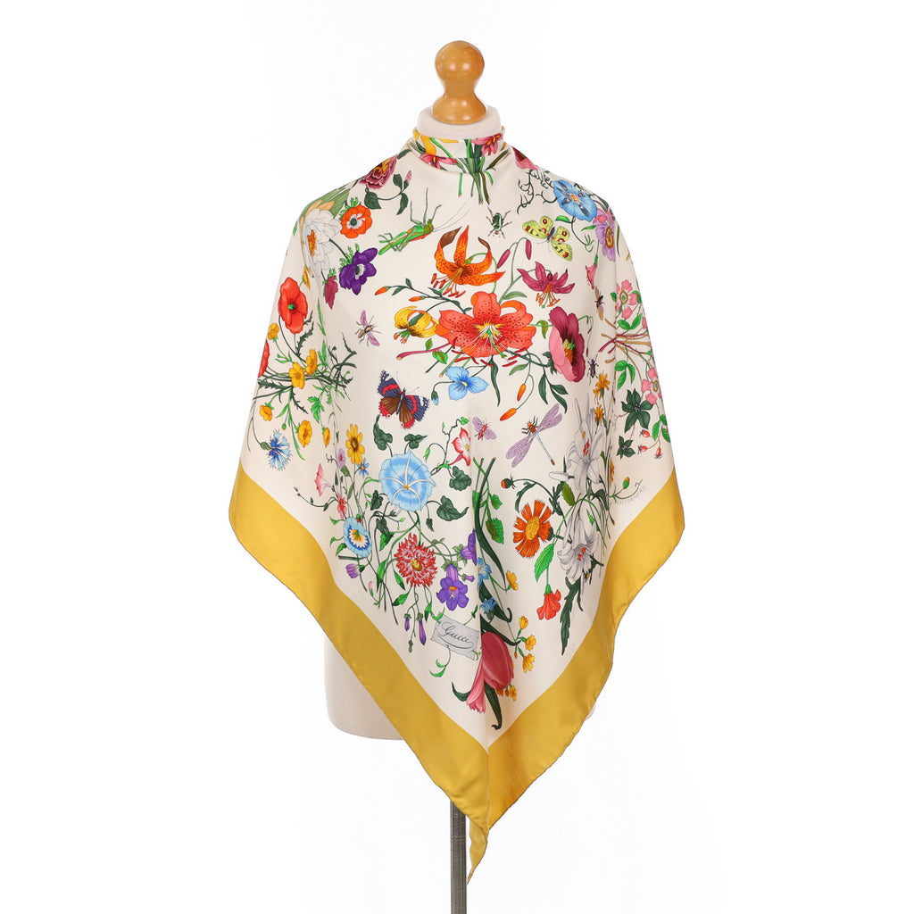 Gucci Designer Cream Floral Silk Scarf
