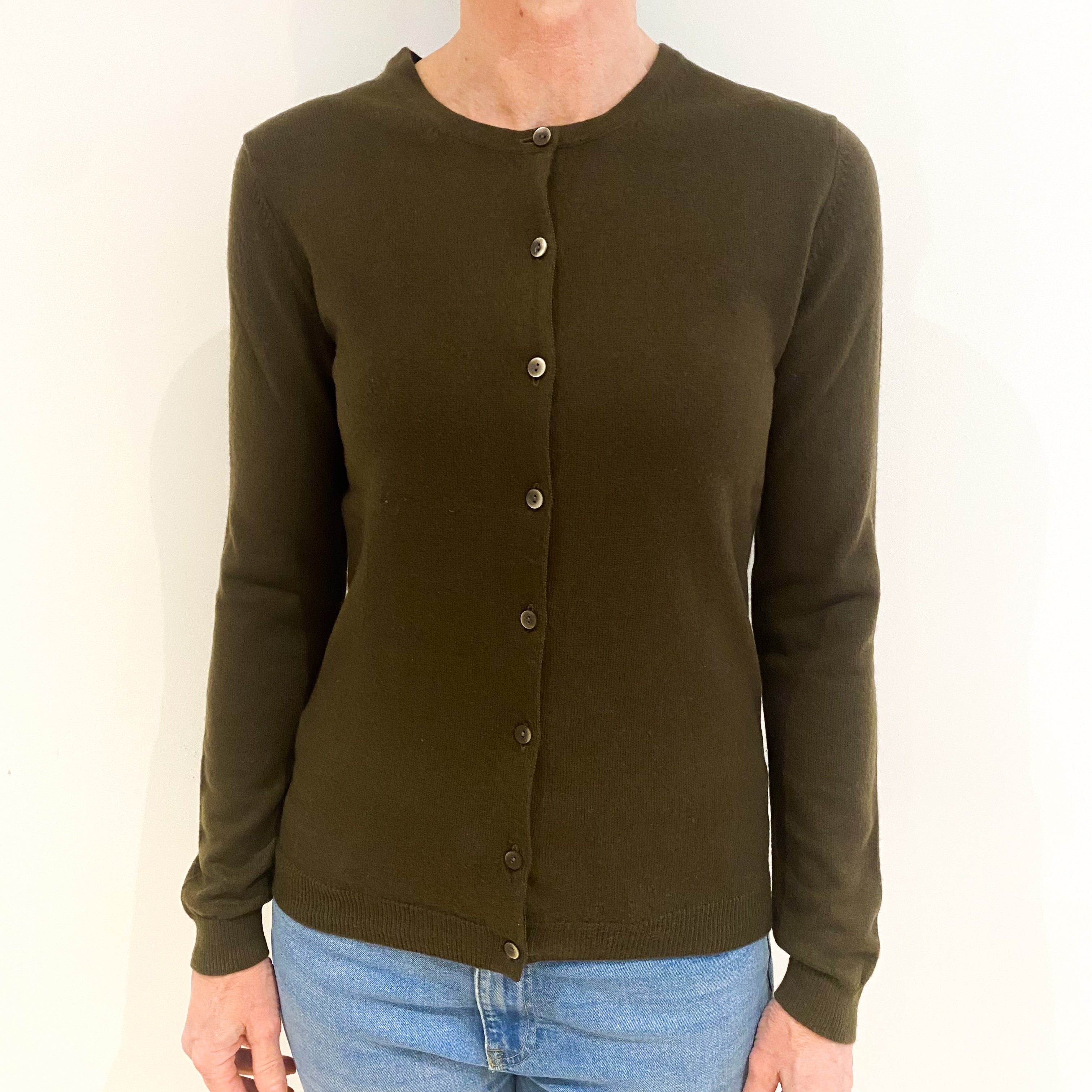 Deep Khaki Green Cashmere Crew Neck Cardigan Small