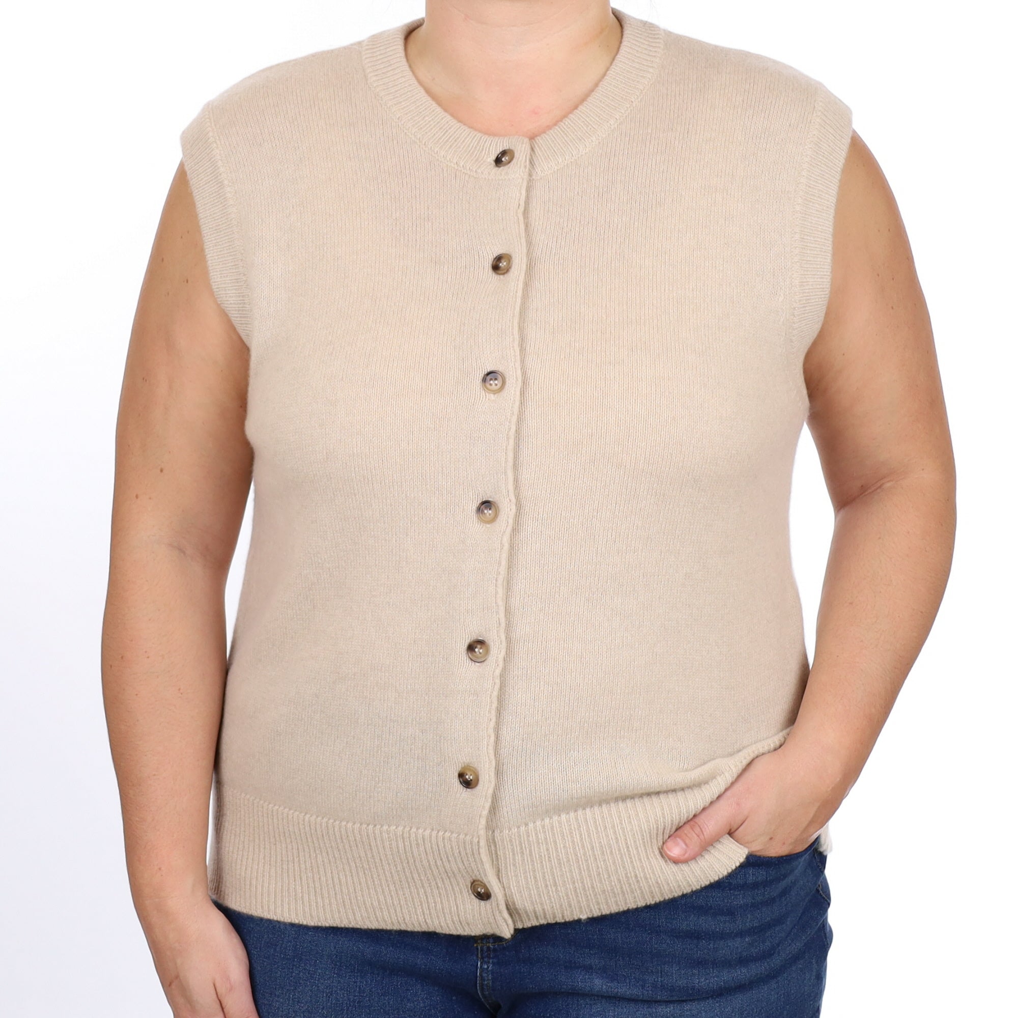 Brand New Oatmeal Luxury Cashmere Crew Neck Waistcoat Extra Large UK 20-22