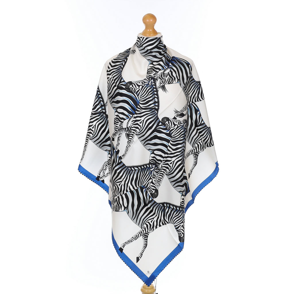 Brand New Bellezza Cobalt & Aqua Zebra Double Faced Silk Scarf