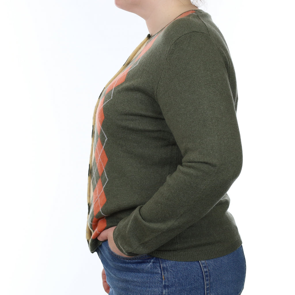 Country Green & Orange Diamond Cashmere Crew Neck Cardigan Large