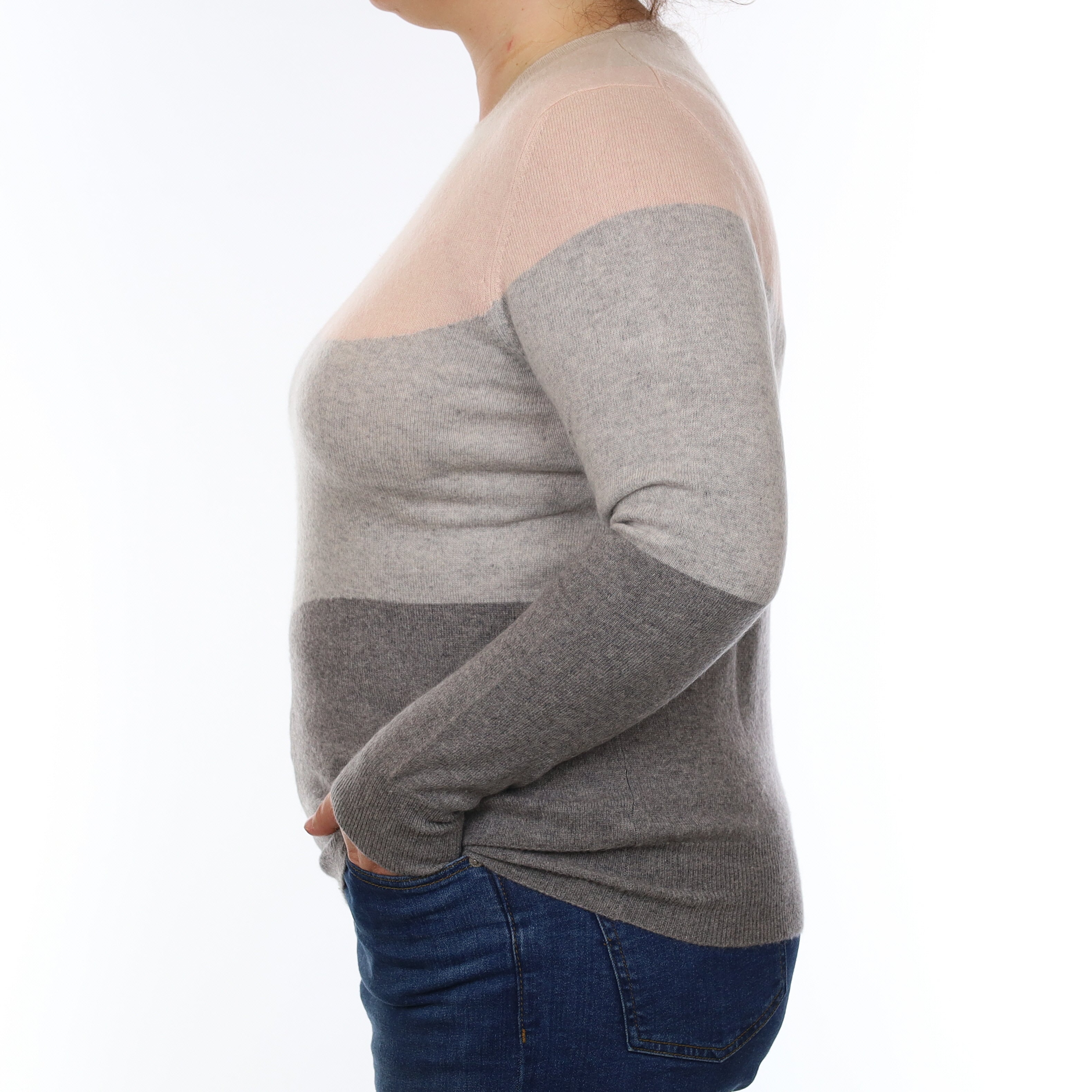 Grey Colour Block Cashmere Crew Neck Jumper Large