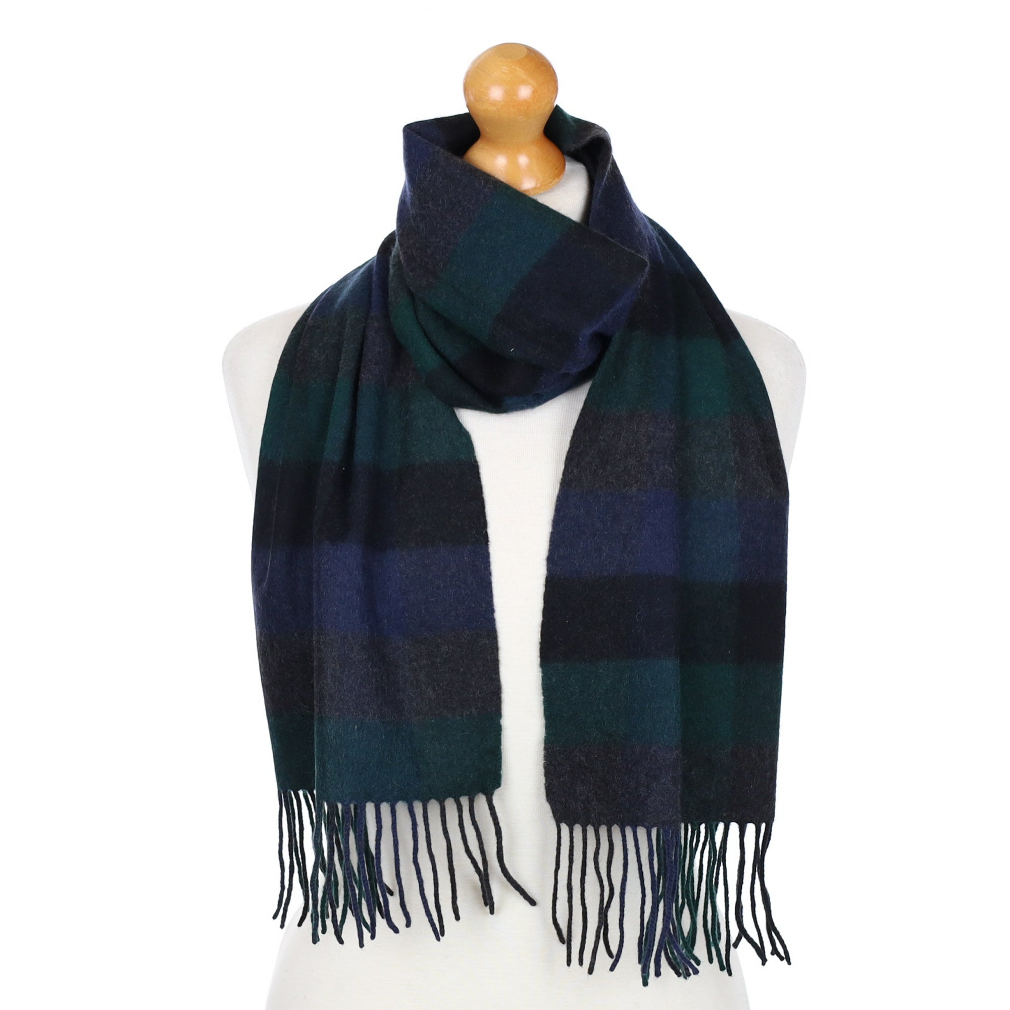 Green and Blue Checked Fringed Cashmere Woven Scarf