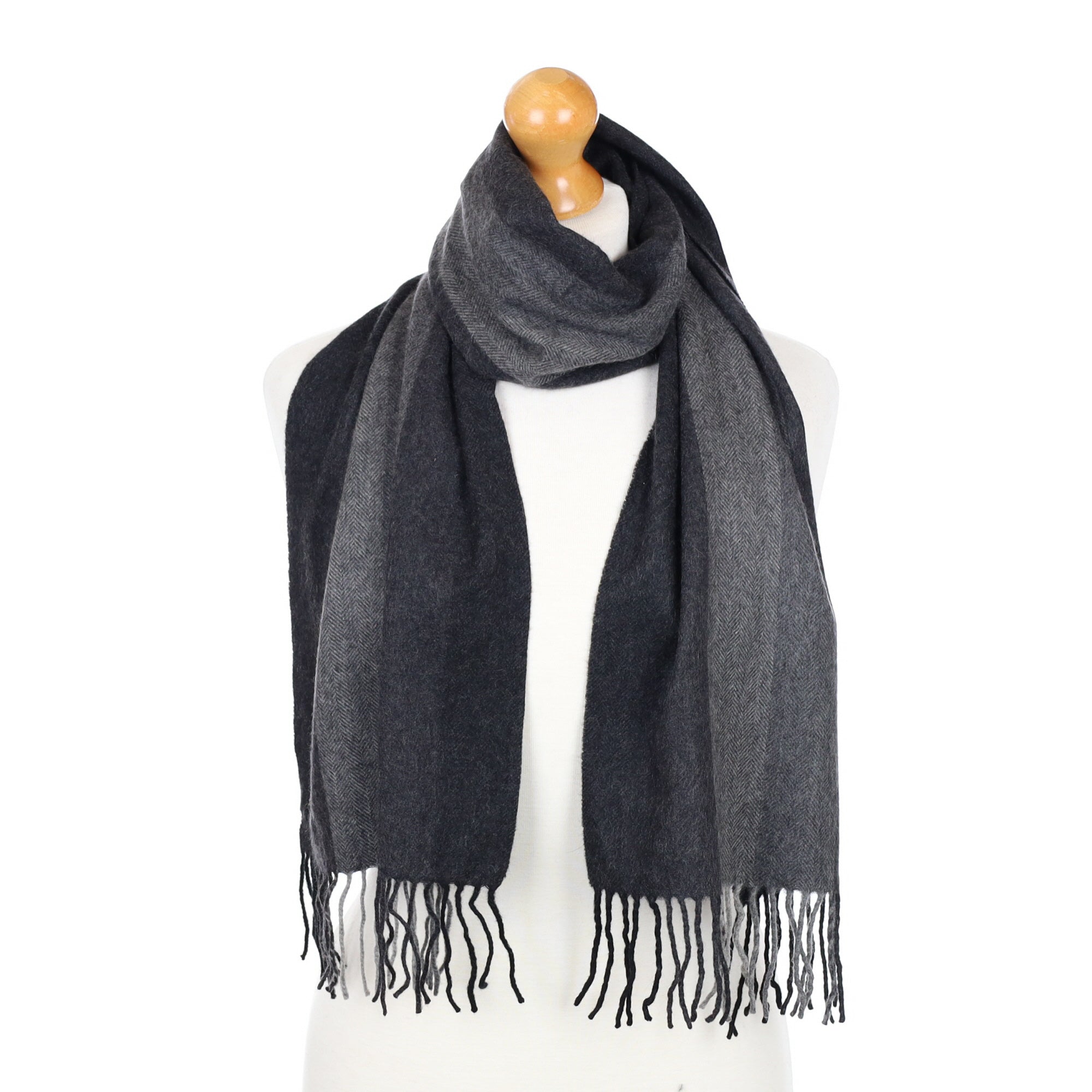 Grey Striped Fringed Cashmere Woven Scarf