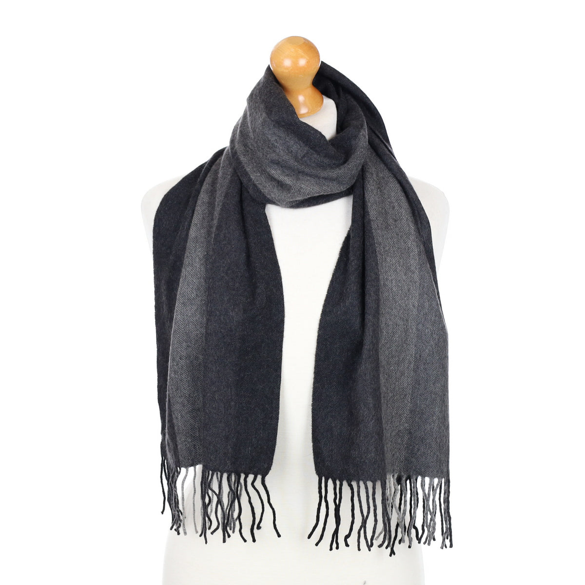 Grey Striped Fringed Cashmere Woven Scarf