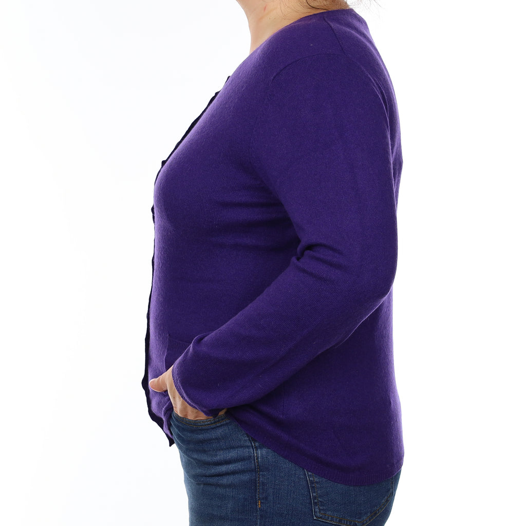 Yorn Iris Purple Cashmere Crew Neck Cardigan with Pockets Large