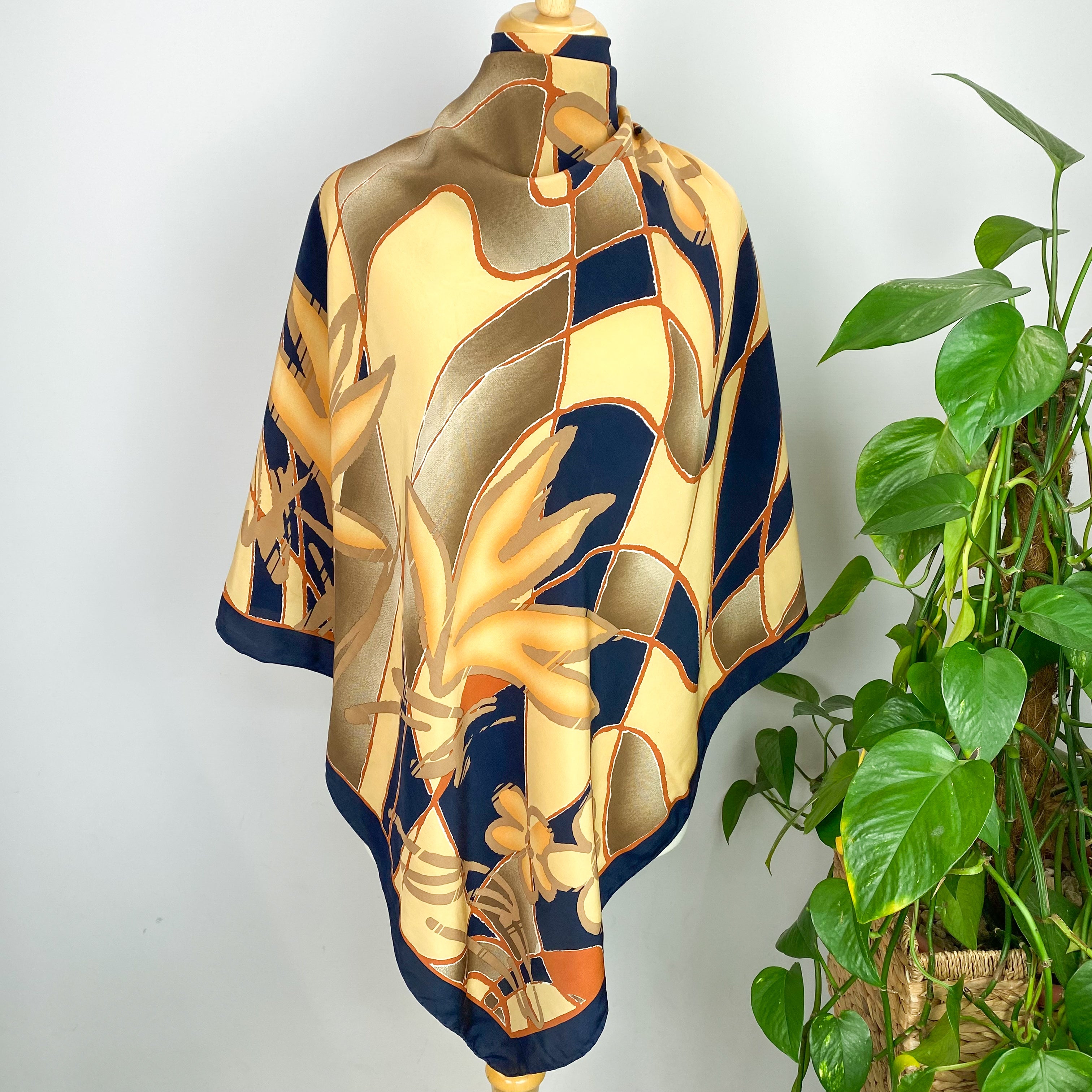 Vintage Navy Blue and Butterscotch Silk Scarf
