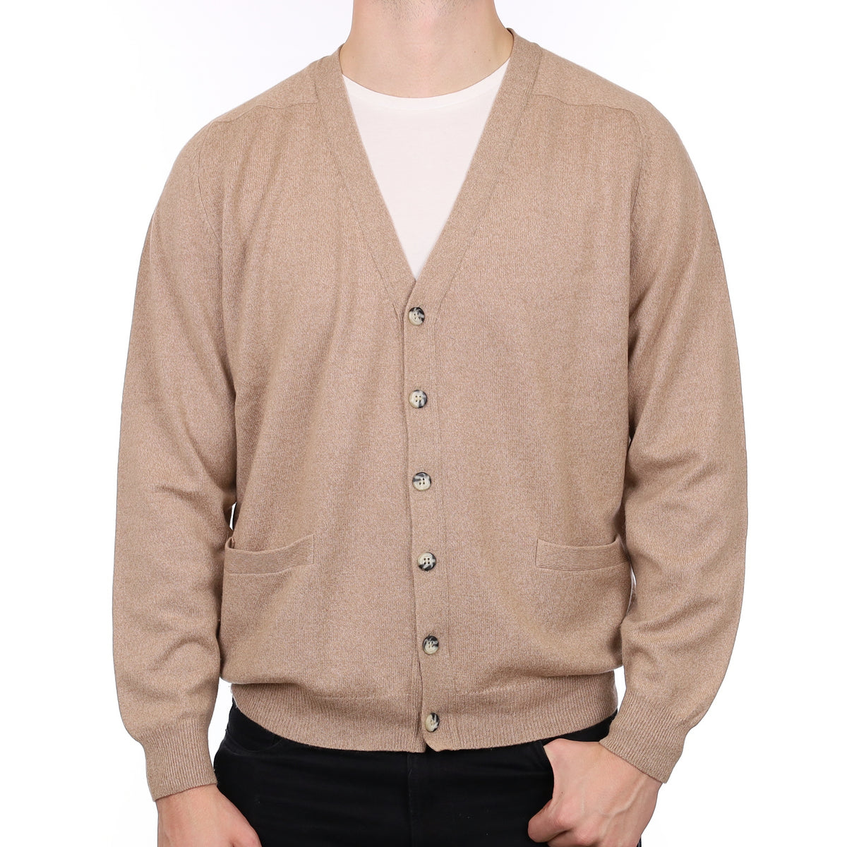 Men’s Fawn Marl Cashmere V Neck Cardigan with Pockets XL