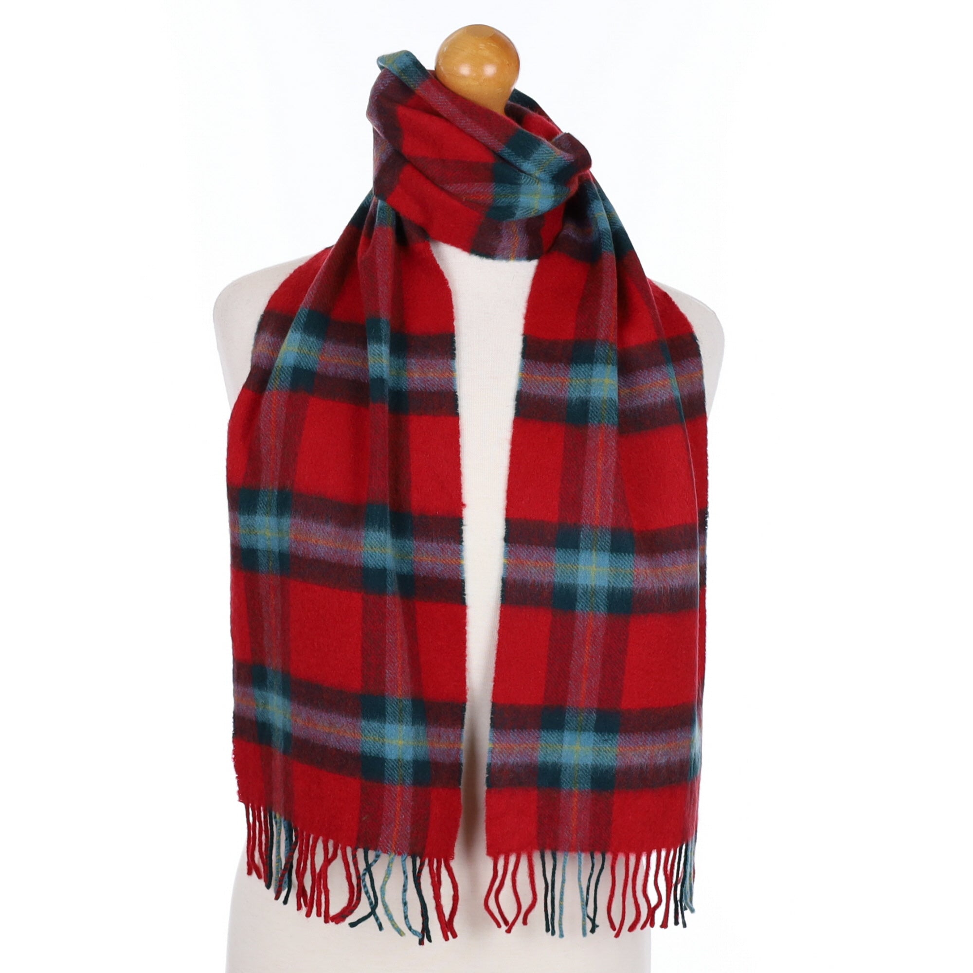Red and Aqua Check Cashmere Tasselled Woven Scarf